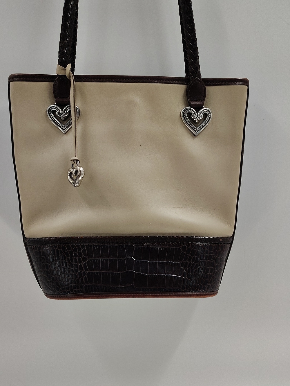 Vintage Brighton Leather Shoulder Bag Beige Brown Croc Embossed Braided Strap